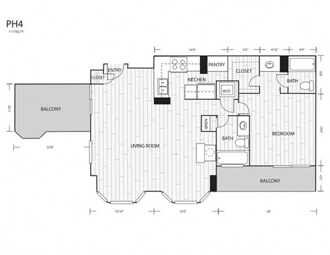 Floor plan for 1 bed, 2 baths, 1117 sqft